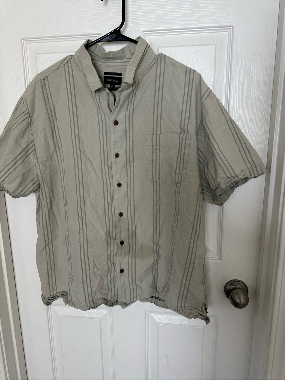 Brixton Short-Sleeve Button-Up Shirt — Light Olive with Dark Olive Stripes